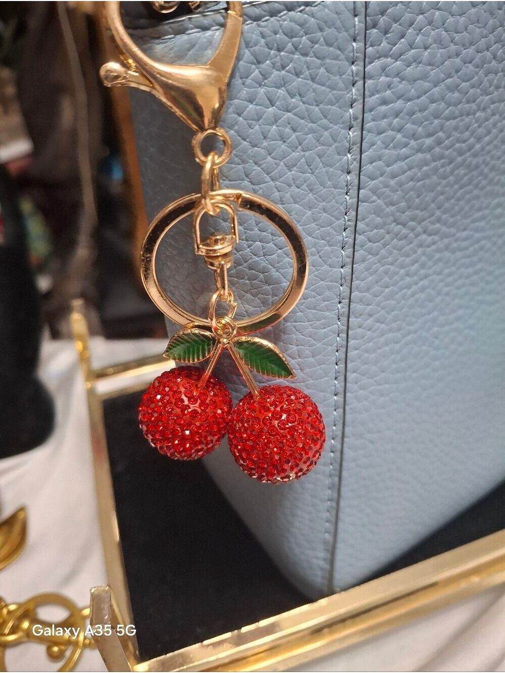 Cherry Sparking Bling bag charm Keyring New gold red - Picture 3 of 4